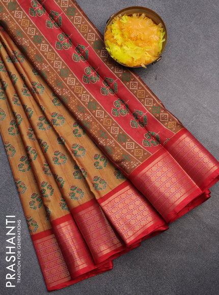 Semi kanchipuram silk saree mustard yellow and red with butta prints and zari woven border