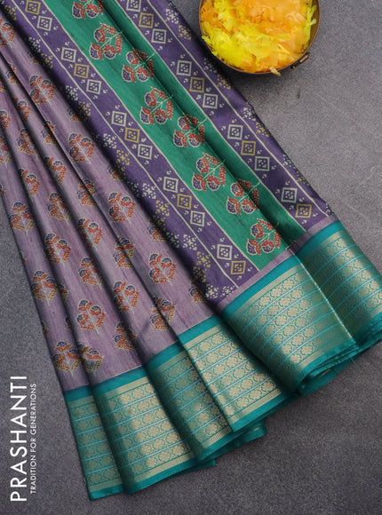 Semi kanchipuram silk saree mild purple shade and teal green with butta prints and zari woven border