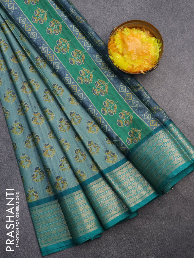 Semi kanchipuram silk saree pastel blue and teal green with butta prints and zari woven border