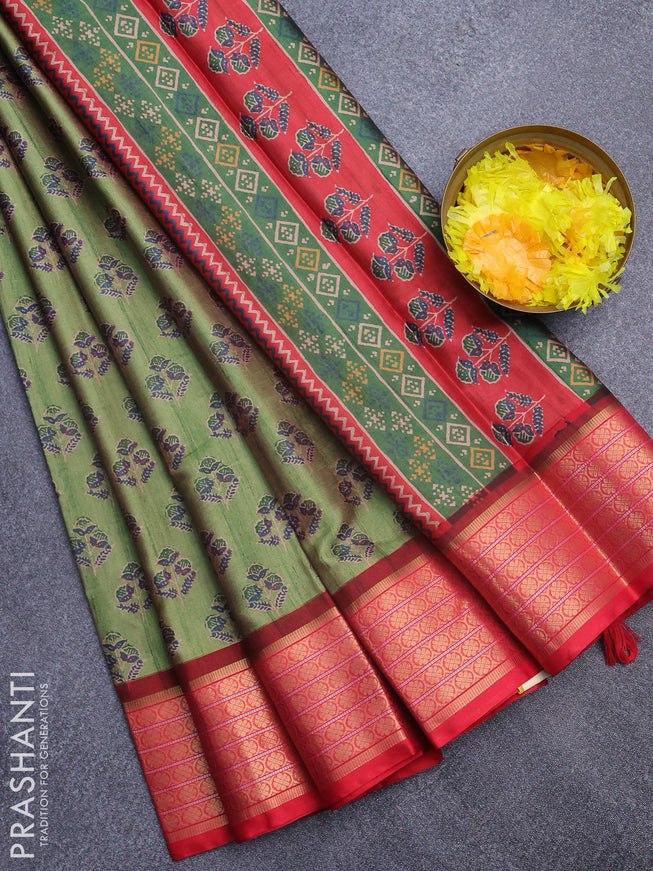 Semi kanchipuram silk saree green and red with butta prints and zari woven border