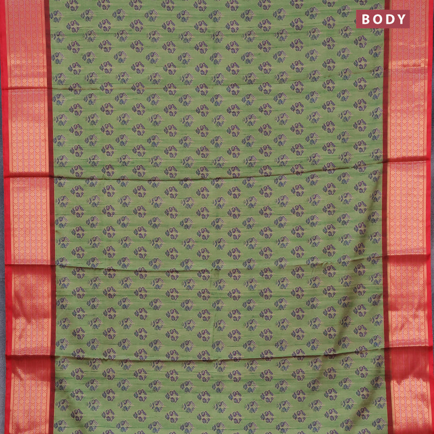 Semi kanchipuram silk saree green and red with butta prints and zari woven border