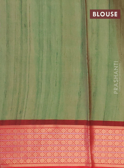 Semi kanchipuram silk saree green and red with butta prints and zari woven border