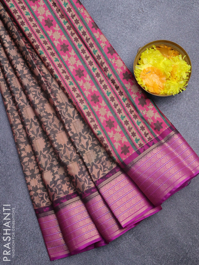 Semi kanchipuram silk saree grey shade and purple with allover digital prints and zari woven border