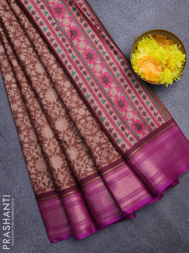 Semi kanchipuram silk saree brown and purple with allover digital prints and zari woven border