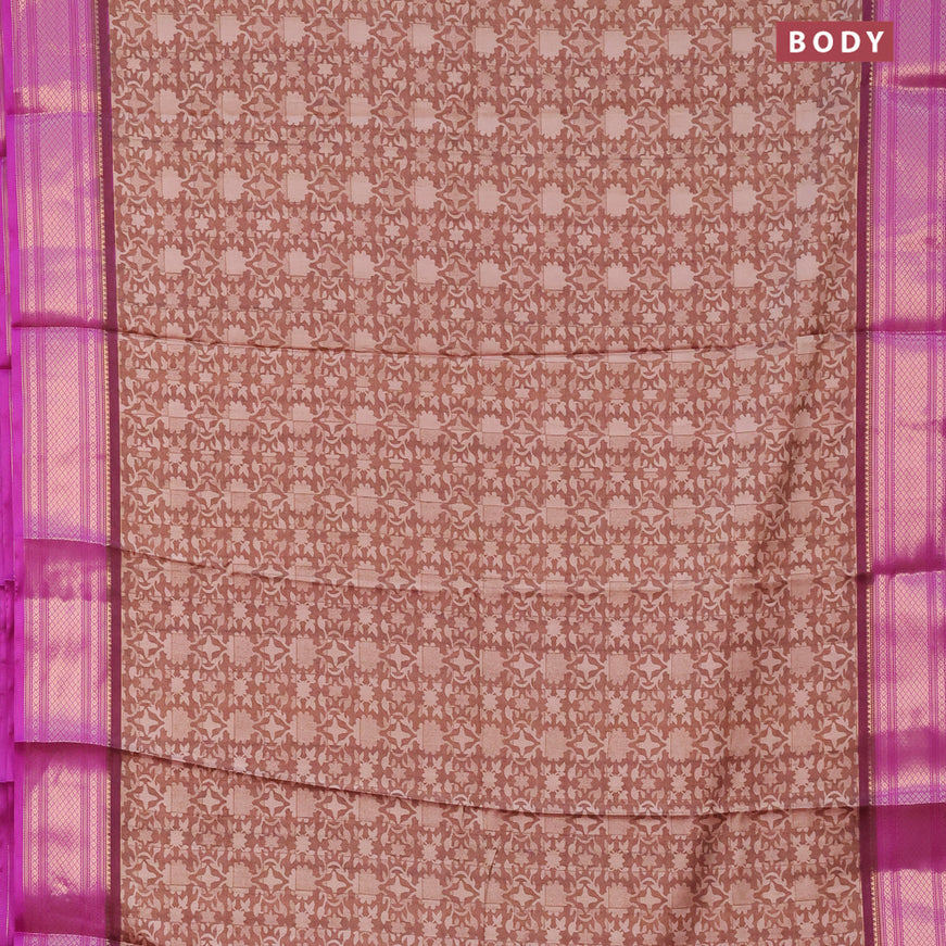 Semi kanchipuram silk saree brown and purple with allover digital prints and zari woven border