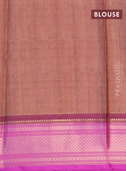 Semi kanchipuram silk saree brown and purple with allover digital prints and zari woven border