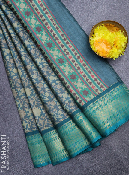 Semi kanchipuram silk saree blue shade and teal green with allover digital prints and zari woven border