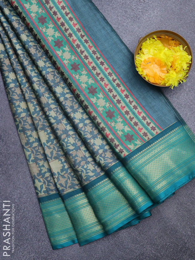 Semi kanchipuram silk saree blue shade and teal green with allover digital prints and zari woven border