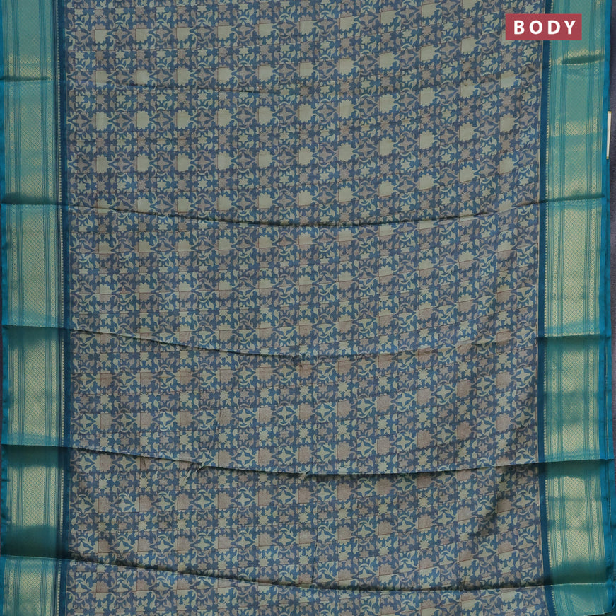 Semi kanchipuram silk saree blue shade and teal green with allover digital prints and zari woven border