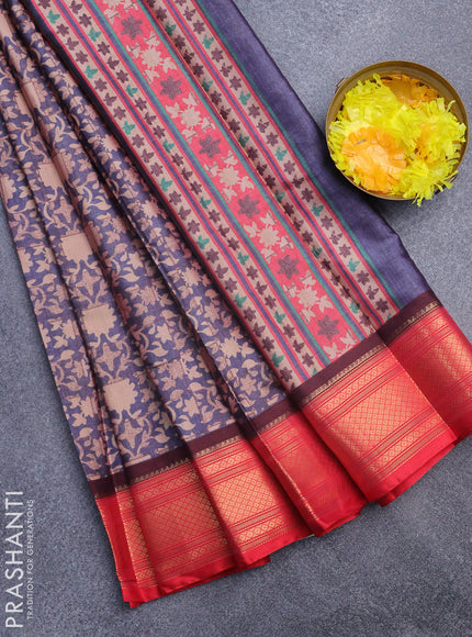 Semi kanchipuram silk saree blue and red with allover digital prints and zari woven border