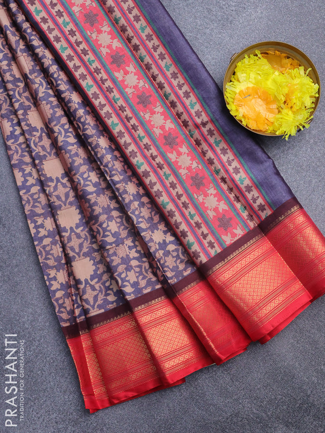 Semi kanchipuram silk saree blue and red with allover digital prints and zari woven border