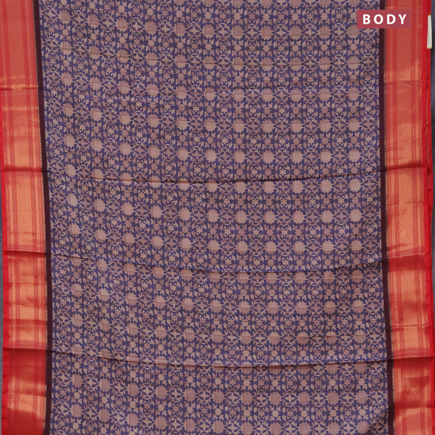 Semi kanchipuram silk saree blue and red with allover digital prints and zari woven border