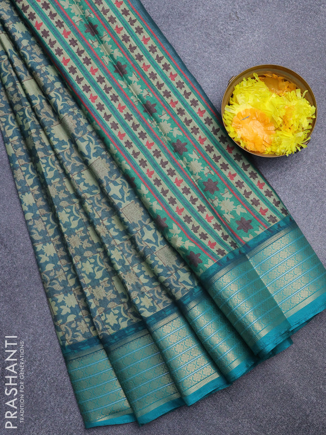 Semi kanchipuram silk saree teal green shade with allover digital prints and zari woven border