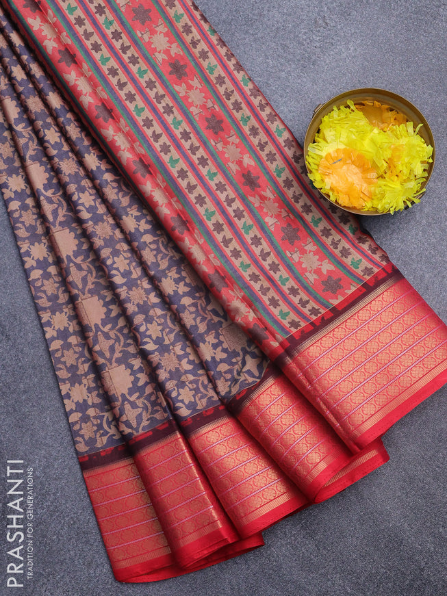 Semi kanchipuram silk saree blue shade and red with allover digital prints and zari woven border