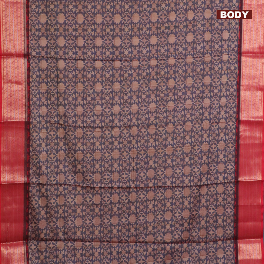 Semi kanchipuram silk saree blue shade and red with allover digital prints and zari woven border