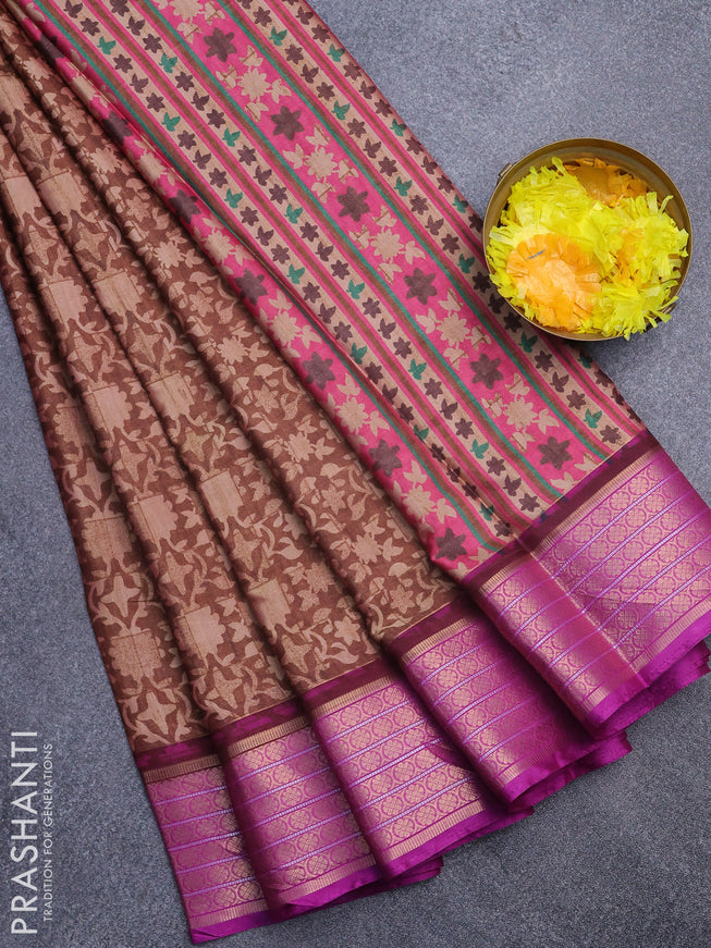 Semi kanchipuram silk saree rust shade and purple with allover digital prints and zari woven border