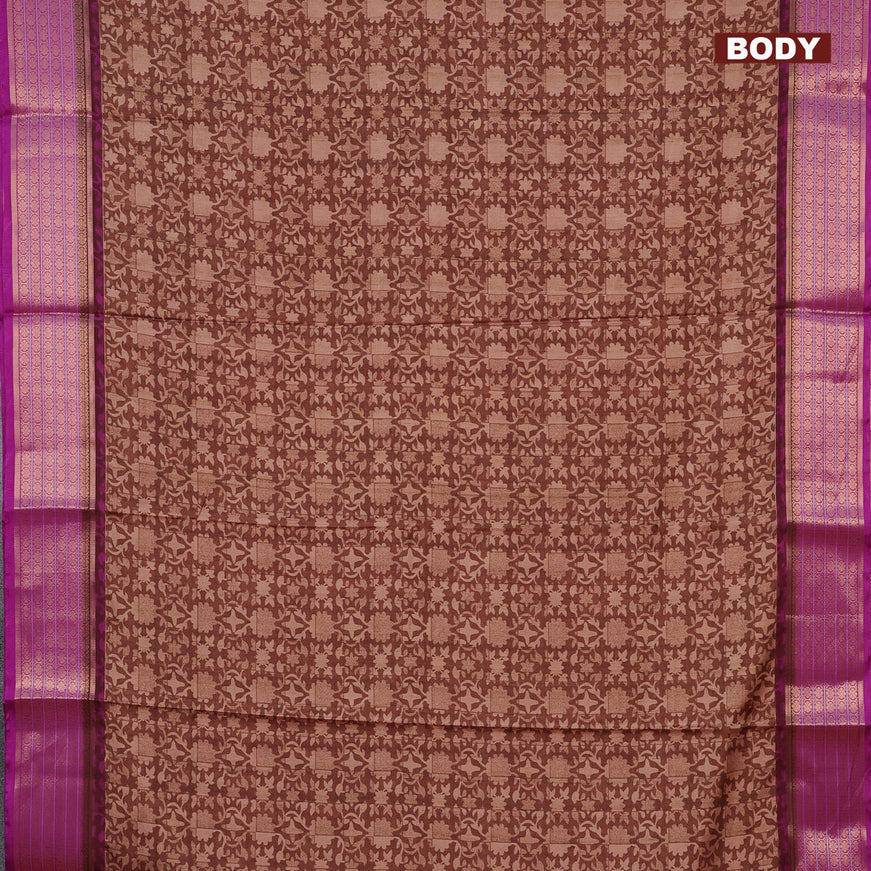 Semi kanchipuram silk saree rust shade and purple with allover digital prints and zari woven border