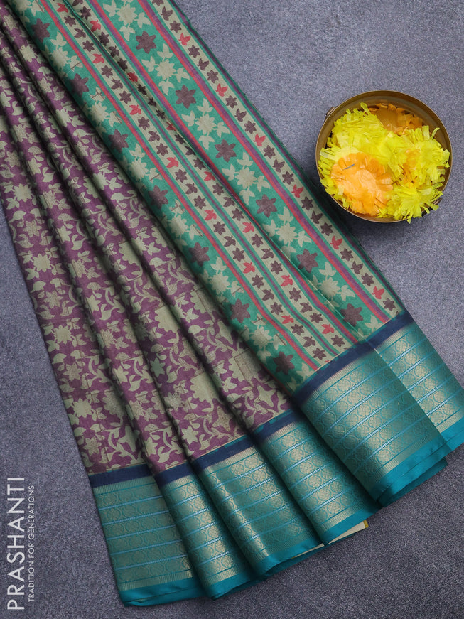 Semi kanchipuram silk saree mild purple and teal green with allover digital prints and zari woven border