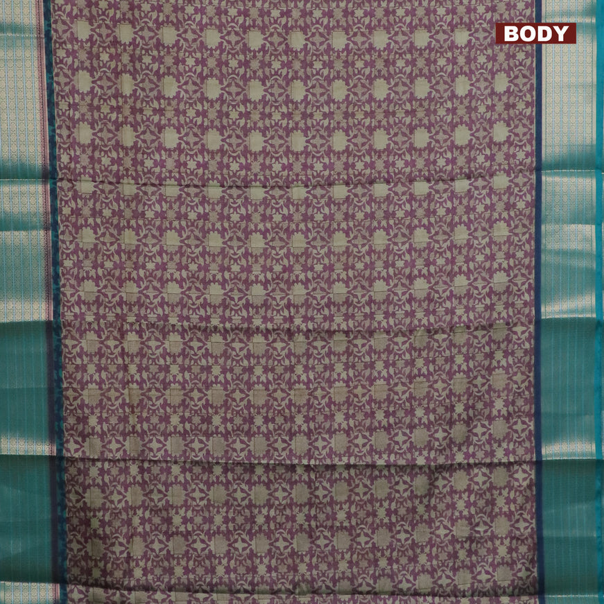 Semi kanchipuram silk saree mild purple and teal green with allover digital prints and zari woven border