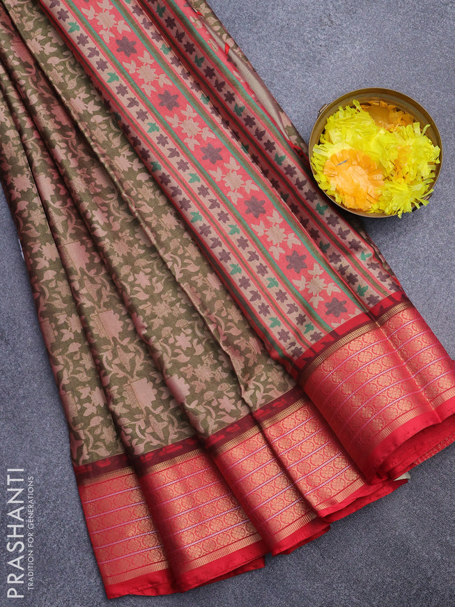 Semi kanchipuram silk saree olive green and red with allover digital prints and zari woven border