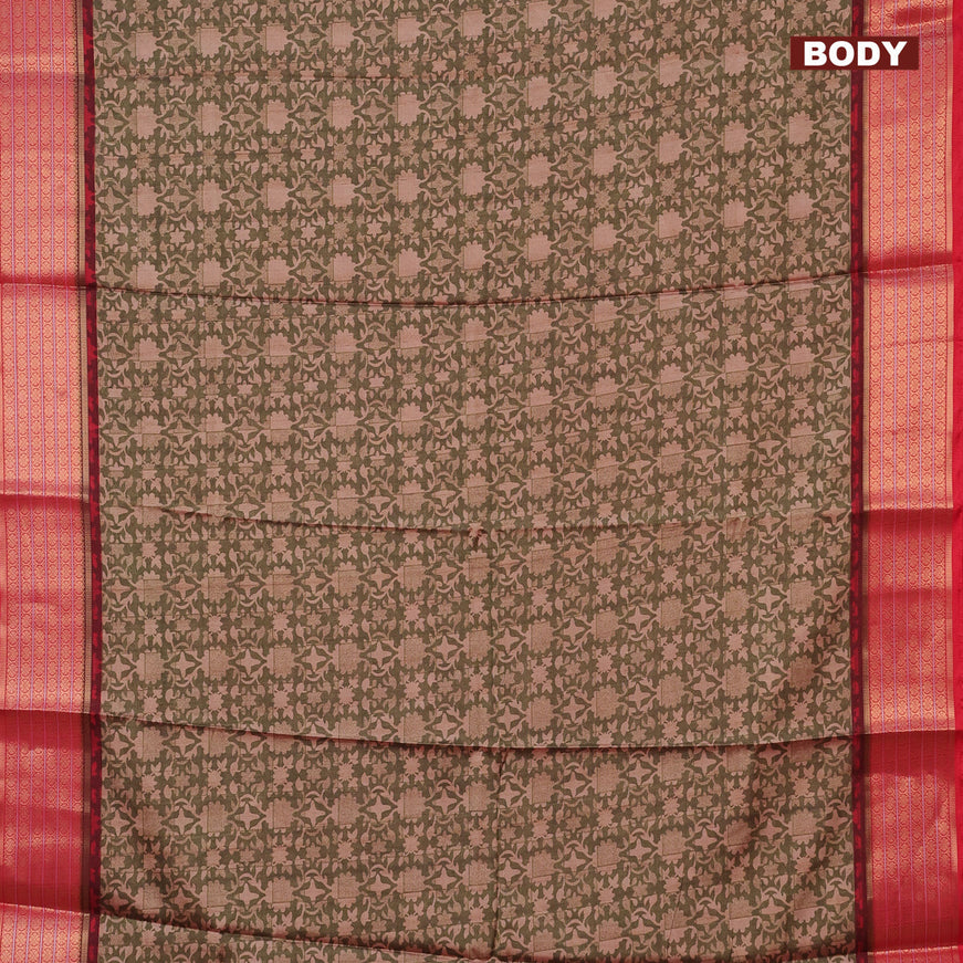 Semi kanchipuram silk saree olive green and red with allover digital prints and zari woven border