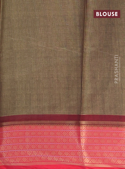 Semi kanchipuram silk saree olive green and red with allover digital prints and zari woven border