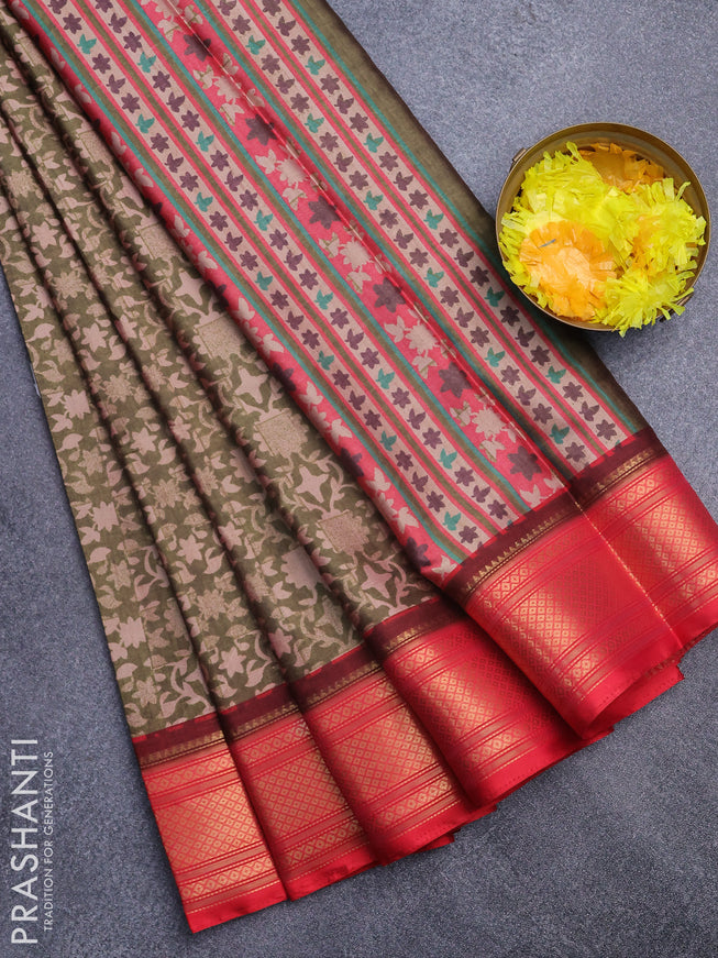 Semi kanchipuram silk saree olive green and red with allover digital prints and zari woven border