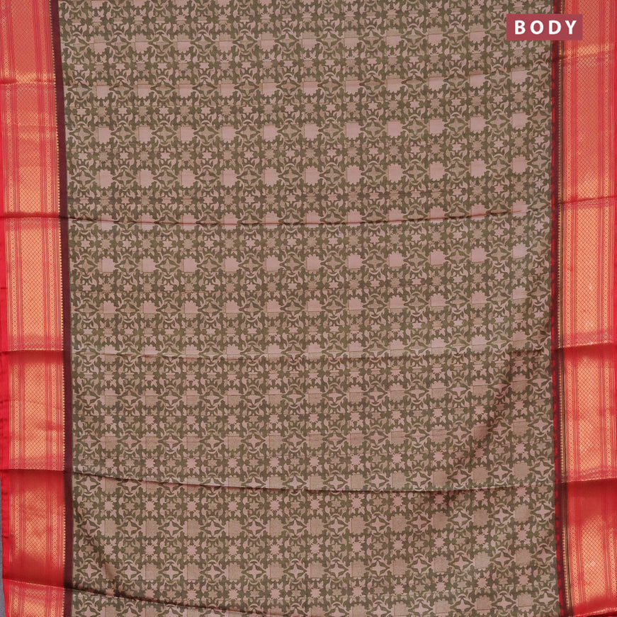 Semi kanchipuram silk saree olive green and red with allover digital prints and zari woven border