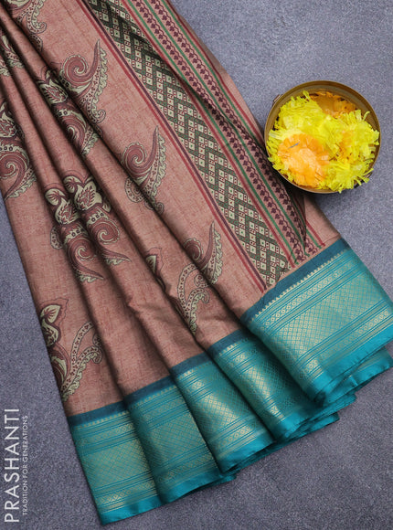 Semi kanchipuram silk saree brown and teal green with allover floral butta prints and zari woven border