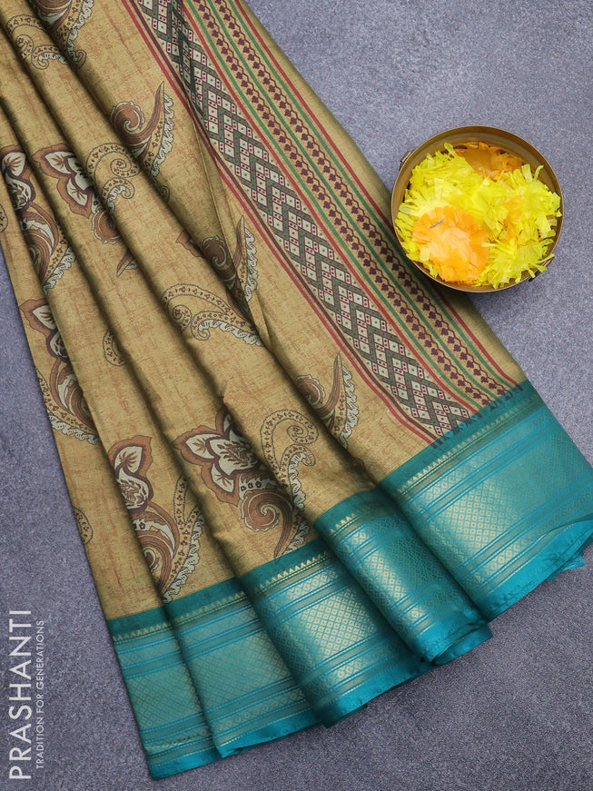 Semi kanchipuram silk saree mehendi green and teal green with allover floral butta prints and zari woven border