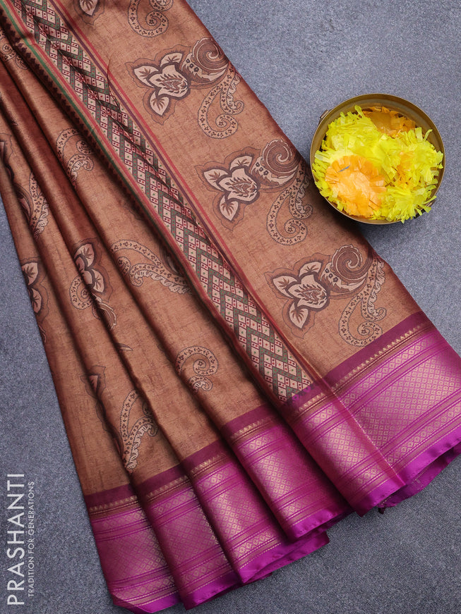 Semi kanchipuram silk saree brown and purple with allover floral butta prints and zari woven border