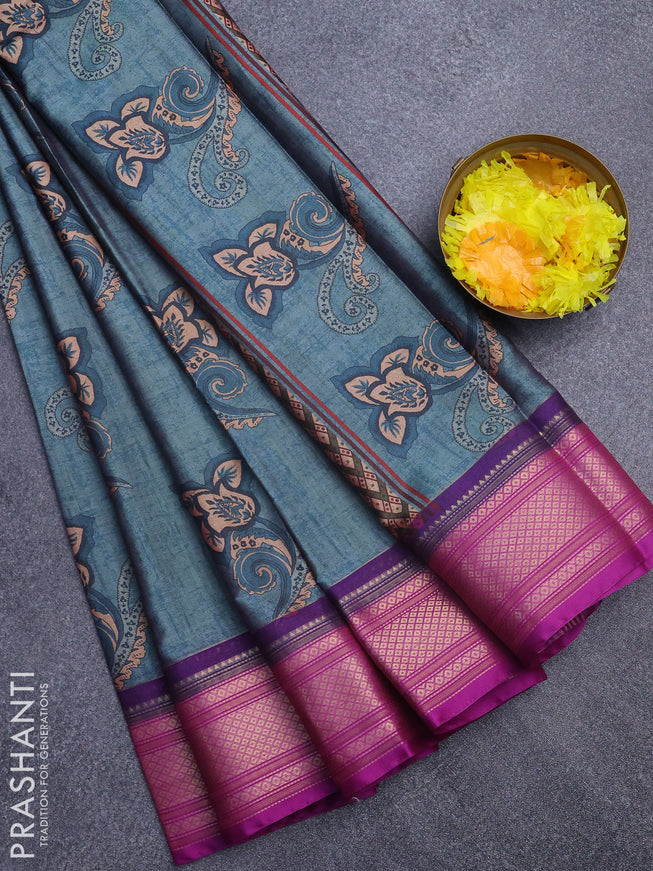 Semi kanchipuram silk saree pastel blue and purple with allover floral butta prints and zari woven border