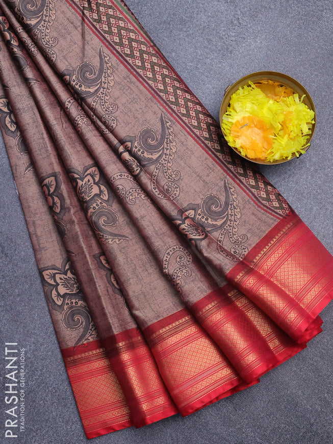 Semi kanchipuram silk saree pastel brown grey and red with allover floral butta prints and zari woven border