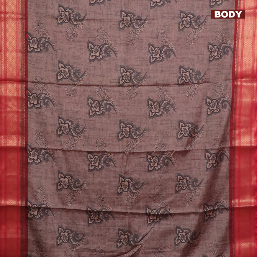 Semi kanchipuram silk saree pastel brown grey and red with allover floral butta prints and zari woven border