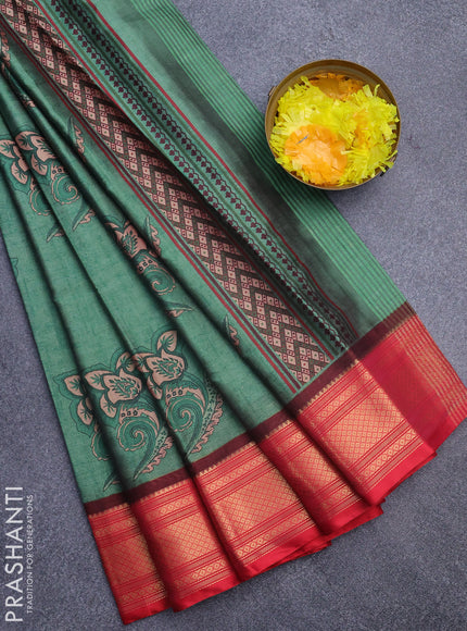 Semi kanchipuram silk saree green and red with allover floral butta prints and zari woven border