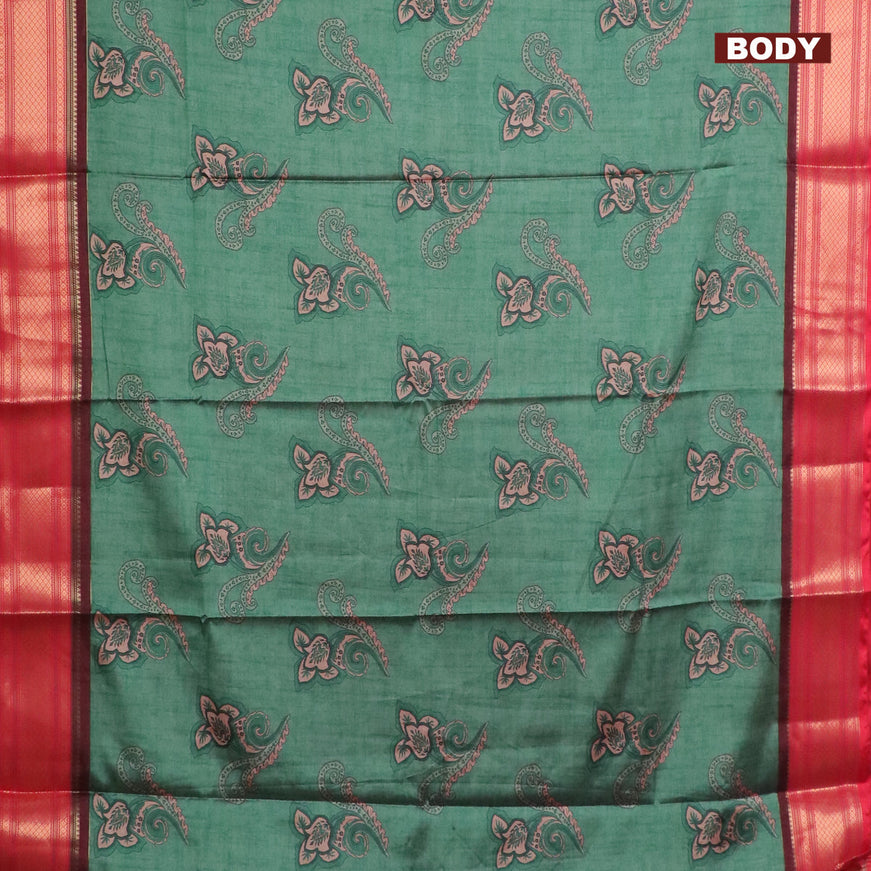 Semi kanchipuram silk saree green and red with allover floral butta prints and zari woven border