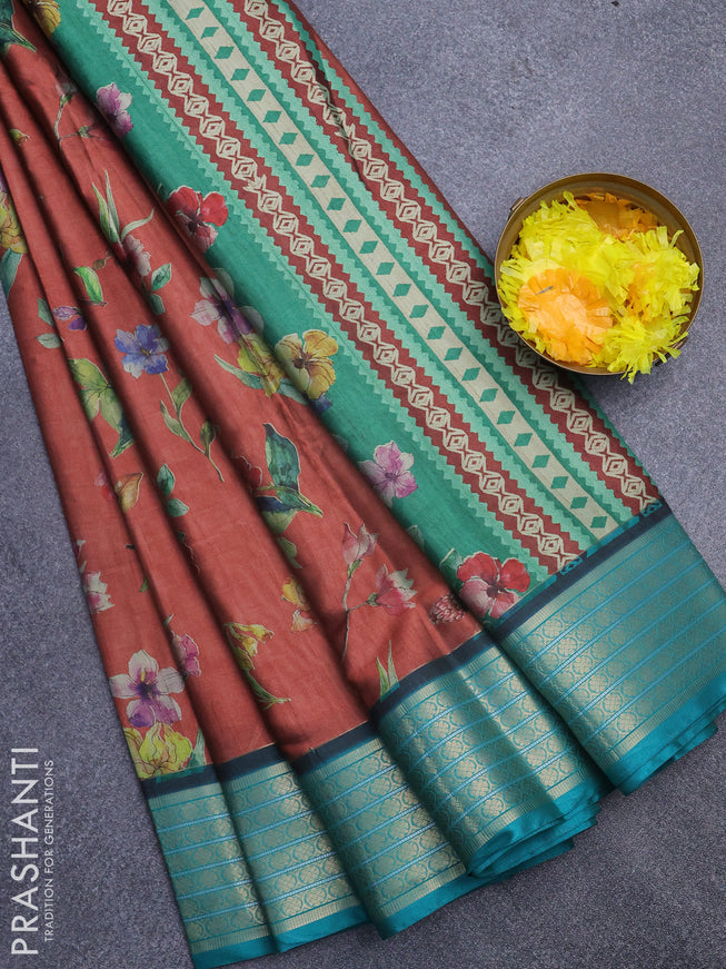 Semi kanchipuram silk saree rust shade and teal green with floral digital prints and zari woven border