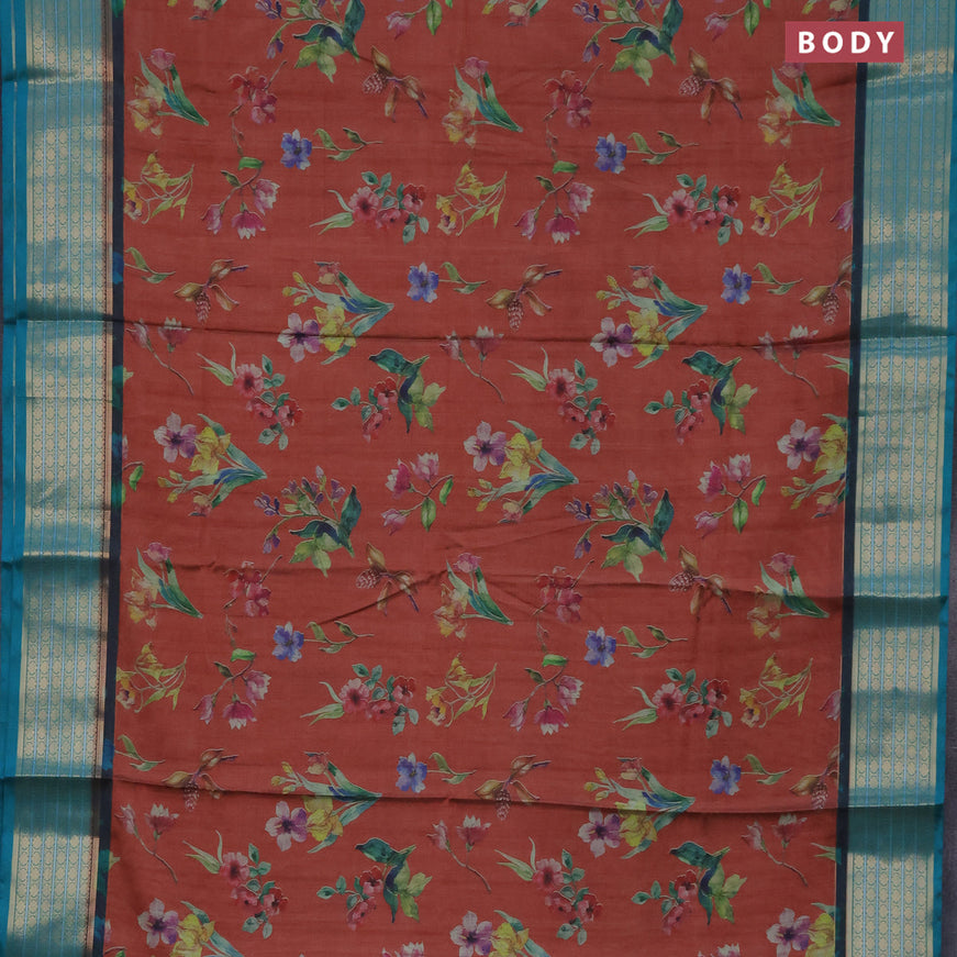 Semi kanchipuram silk saree rust shade and teal green with floral digital prints and zari woven border