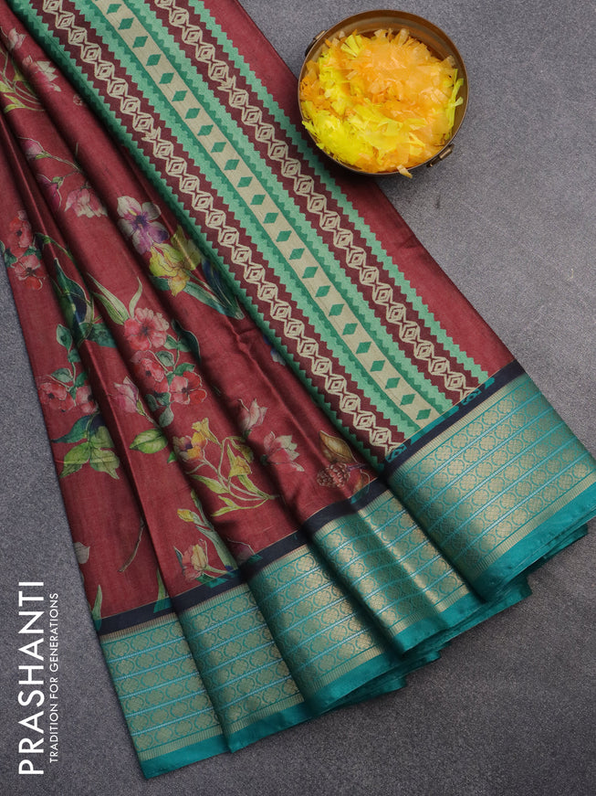 Semi kanchipuram silk saree maroon and teal green with floral digital prints and zari woven border