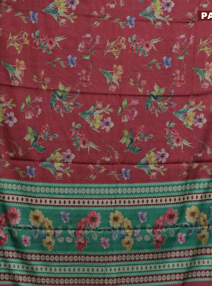 Semi kanchipuram silk saree maroon and teal green with floral digital prints and zari woven border