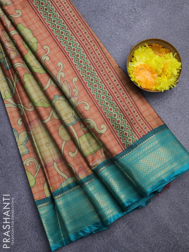 Semi kanchipuram silk saree rustic orange and teal green with allover kalamkari prints and zari woven border