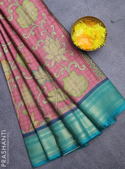 Semi kanchipuram silk saree pink and teal green with allover kalamkari prints and zari woven border