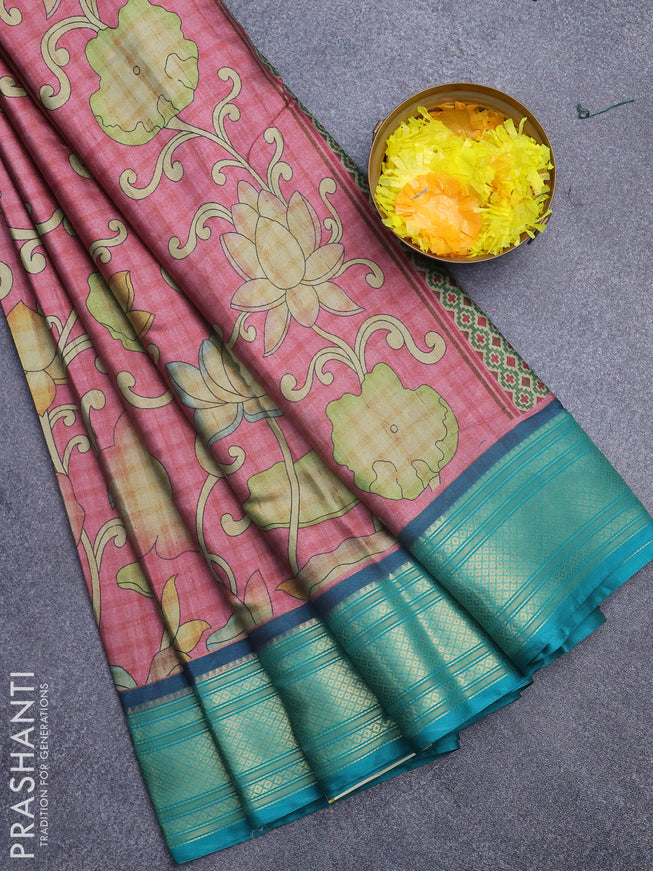 Semi kanchipuram silk saree pink and teal green with allover kalamkari prints and zari woven border