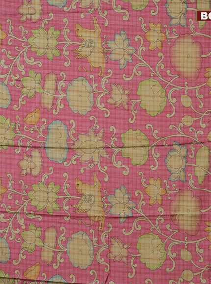 Semi kanchipuram silk saree pink and teal green with allover kalamkari prints and zari woven border