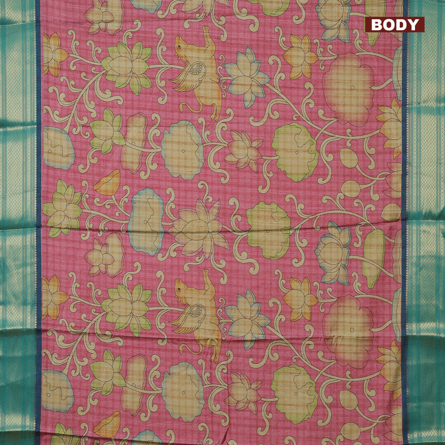 Semi kanchipuram silk saree pink and teal green with allover kalamkari prints and zari woven border