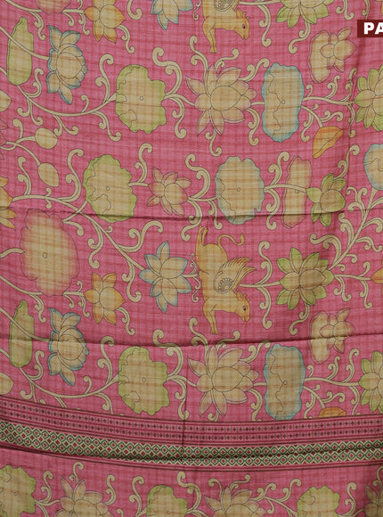 Semi kanchipuram silk saree pink and teal green with allover kalamkari prints and zari woven border