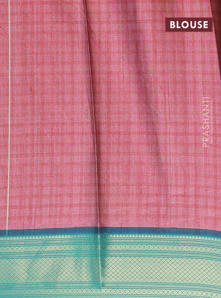 Semi kanchipuram silk saree pink and teal green with allover kalamkari prints and zari woven border