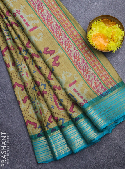 Semi kanchipuram silk saree yellow shade and teal blue with allover digital prints and zari woven border