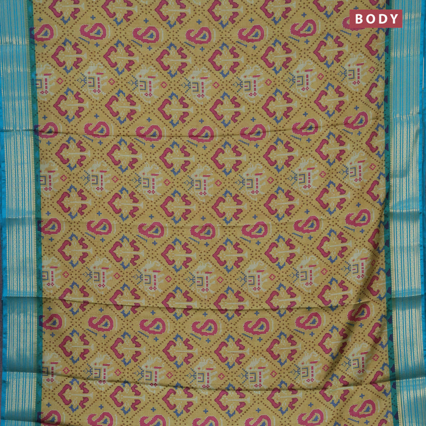 Semi kanchipuram silk saree yellow shade and teal blue with allover digital prints and zari woven border