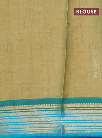 Semi kanchipuram silk saree yellow shade and teal blue with allover digital prints and zari woven border